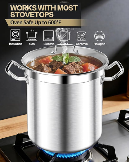 STOCKPOT Stainless Steel 20 Quart Stockpot with Tempered Glass Lid, 3-Ply Base, 8.8 lbs, Polished Finish, Suitable for Stovetop and Oven, Dishwasher Safe