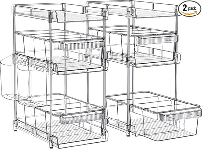 Clear Bathroom Organizers 2 Sets 3 Tier, Pull Out Organizer and Storage with 2 Cups, Slide Out Drawer Storage Container with 6 Dividers, Multi-Purpose Bathroom Organizer, Kitchen Under Sink Organizer