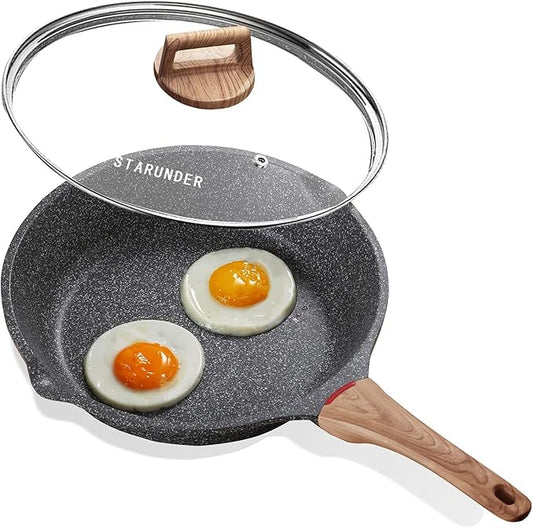 Starunder Induction Nonstick Skillet Frying Pan With Lid,Swiss Granite Omelette Pan, Scratch-Resistant Safe Cookware Set，PFOA Free(8 inch) by STARUNDER