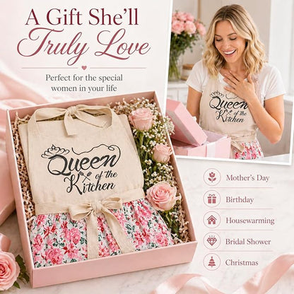 Cute Floral Aprons for Women with Pockets,Cotton Adjustable Neck Strap Apron for Kitchen Cooking Baking Gardening