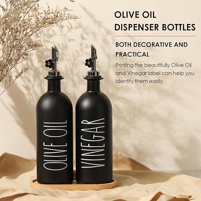 HOMCDALY 16oz Olive Oil Dispenser Bottles for Kitchen, Glass Black Oil&Vinegar Dispenser Set, Kitchen Olive Oil Bottles with Bamboo Tray| Set of 2 (16oz-P-Black) - Image 5