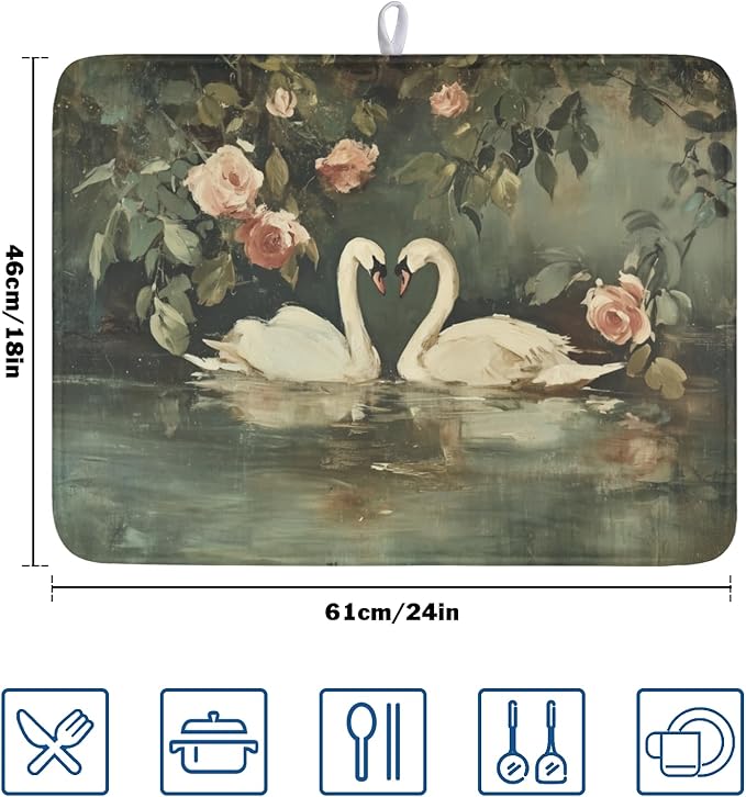 Swans Dish Drying Mat 24x18 Inch, White Swan Drying Mat with Absorbent Reversible Microfiber, Wildlife Aesthetic Dish Drainer Mats Summer Rack Pad for Coffee Countertop Kitchen Protector