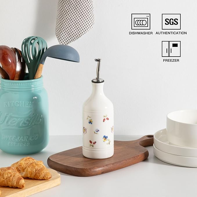 Sweejar Ceramic Olive Oil Dispenser Bottle for Kitchen, 15.5 Oz Relief Opaque Oil and Vinegar Dispenser Bottle with Spout, Suitable for Soy Sauce, Coffee Syrup, Liquids (Garden) - Image 4