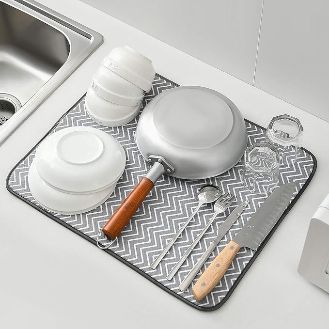 SUBEKYU Dish Drying Mat for Kitchen Counter, Microfiber Absorbent Dishes Drainer/Rack Pads under Sink, 19.6 by 16.1 inches, Set of 2, Grey, Ripple - Image 7