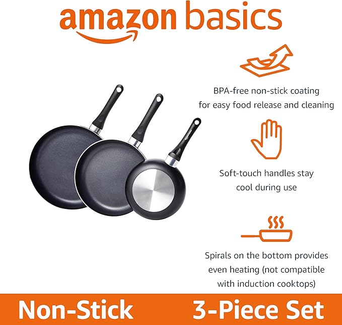 Amazon Basics Non-Stick 3-Piece Frying Pan Set with Stay Cool Handles, 8-inch, 10-inch, 12-inch, Black - Image 2
