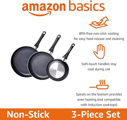 Amazon Basics Non-Stick 3-Piece Frying Pan Set with Stay Cool Handles, 8-inch, 10-inch, 12-inch, Black - Image 2