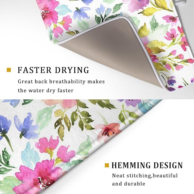 Spring Floral Dish Drying Mat for Kitchen Counter Flower Microfiber Absorbent Dish Draining Reusable Washable Foldable Extra Large 18"x24" - Image 3