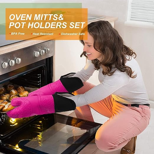 Silicone Oven Mitts and Pot Holders Set, MTZRFLL Extra Long Heat Resistant Oven Gloves with Hot Pads and Mini Oven Mittens for Grilling, Kitchen Cooking Baking, Quilted Lining, Pack of 6 (Rose) - Image 4
