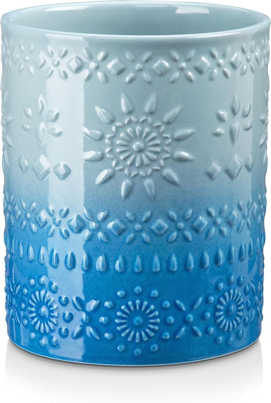 LOVECASA Extra Large Kitchen Utensil Holder, 7.2" Ceramic Farmhouse Utensil Holder For Kitchen Décor Countertop With Heavy And Sturdy Base, Utensil Crock Organizer, Blue by LOVECASA
