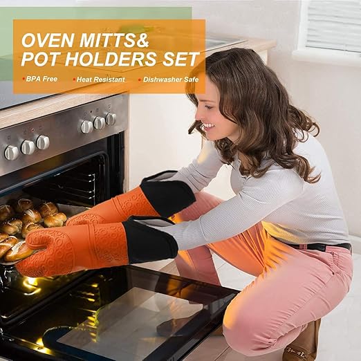 Silicone Oven Mitts and Pot Holders Set, MTZRFLL Extra Long Heat Resistant Oven Gloves with Hot Pads and Mini Oven Mittens for Grilling, Kitchen Cooking Baking, Soft Quilted Lining, Pack of 6 (Orange) - Image 4