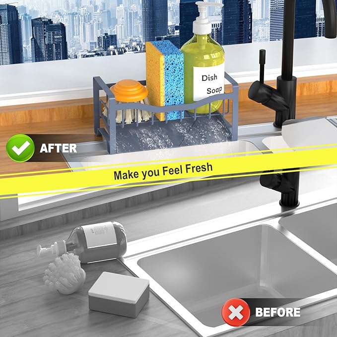Maifan Stainless Steel Kitchen Sink Caddy Organizer with Auto Drain Tray, Sponge Holder for Countertop Storage Grey Blue - Image 6