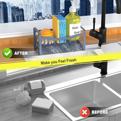 Maifan Stainless Steel Kitchen Sink Caddy Organizer with Auto Drain Tray, Sponge Holder for Countertop Storage Grey Blue - Image 6