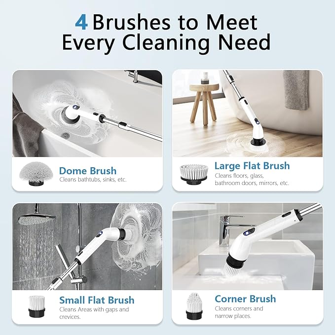 TUYU Electric Spin Scrubber, Full-Body IPX7 Waterproof Bathroom Scrubber with Power LCD Display, 8 Replacement Head, Adjustable Extension Handle, Cordless Shower Cleaner Brush for Bathtub Cleaning - Image 3