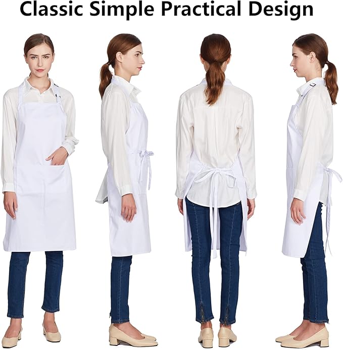 Jubatus 4 Pack 100% Cotton Aprons with 2 Pockets Cooking Chef Kitchen Adjustable Bib Apron for Women Men, White - Image 2