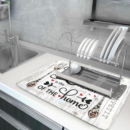 Giwawa 18"x24" Dish Drying Mat The Kitchen is The Heart of The Home- Knife Fork Cutlery Dish Drainer Mats- Rustic Wood Board Reversible Microfiber Dish Drying Pad for Kitchen Countertop Decor