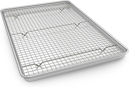 Half Sheet Pans with Rack Set, 13 Inch Commercial Quality Baking Sheet Pan Set, Natural Aluminum Cookie Sheet, Warp Resistant Nonstick Thick Cookie Tray Pans for Baking, Roasting by EWFEN