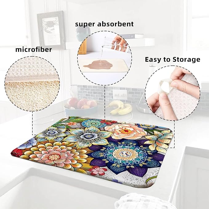 Spring Floral Large Dish Drying Mats, Reversible Dish Drying Pads for Kitchen Counter Foldable and Stored in a Drawer,18"x24" Extra Large Draining Mat Protect for Kitchen,Bar Counter,Coffee Make - Image 6