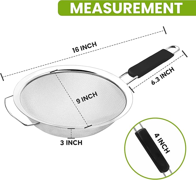 9" Large Fine Mesh Strainer with Thermo Plastic Rubber Handle - Sieve Fine Mesh Stainless Steel - Ideal Kitchen Essential to Strain Pasta, Quinoa and Rice - Image 6