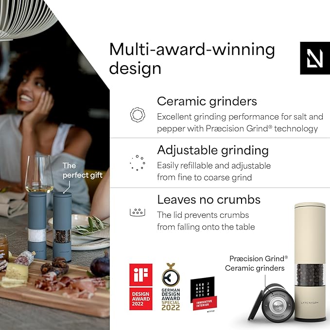 LARS NYSØM Salt and Pepper Grinder Set Manual, Stainless Steel Salt and Pepper Mills with Adjustable Ceramic Grinder I Design Spice Shakers (Black/Beige) - Image 2