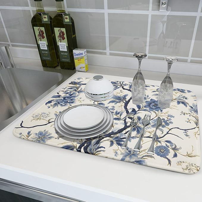 Chinoiserie Trees Dish Drying Mat for Kitchen Counter,Bule Birds Flowers Drying Mat 18 x 24 Inch with Absorbent Reversible Microfiber Drying Pad for Coffee Bar - Image 6