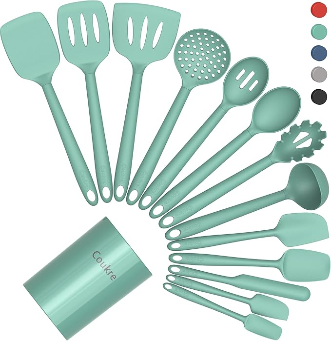 Coukre Silicone Kitchen Cooking Utensils Set with Holder – Heat-Resistant, Food-Grade Kitchen Tools, Spatula, Spoon & Gadgets for Non-Stick Pans, Dishwasher Safe (14, PureAquaGreen) by Coukre