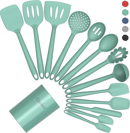 Coukre Silicone Kitchen Cooking Utensils Set with Holder – Heat-Resistant, Food-Grade Kitchen Tools, Spatula, Spoon & Gadgets for Non-Stick Pans, Dishwasher Safe (14, PureAquaGreen) by Coukre