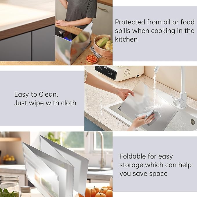 4 Sided Grease Splatter Guard,Foldable Stainless Steel Splatter Guard Oil Splash Guard, Backsplash for Stove Frying Pan Splatter Guard, Oil Proof Baffle Splatter Guard(15.7" X 15.7")