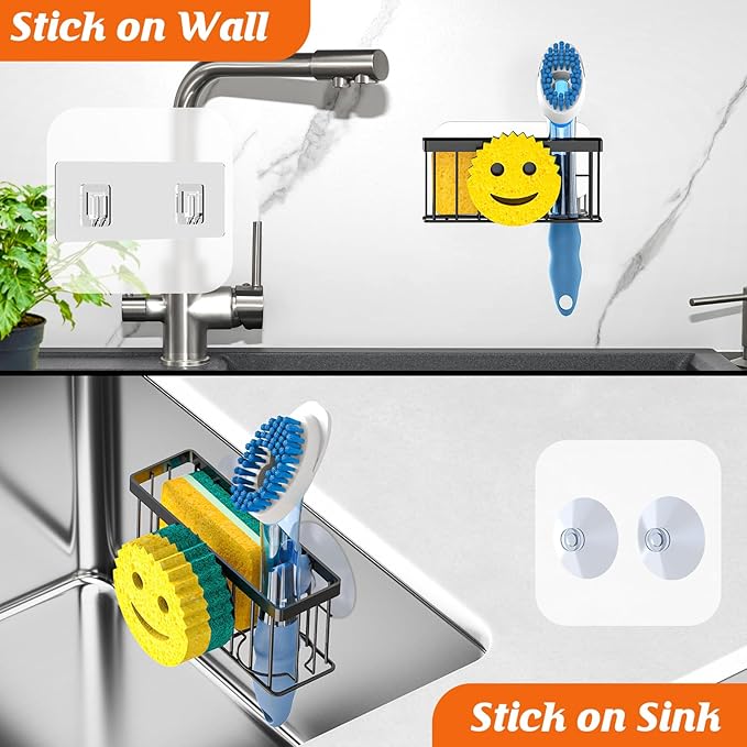 MURLONG Sponge Holder Smiley Face, Sink Caddy for kitchen Sink, Kitchen Organizer Sponge Holder with 2 PCS Suction Cups/1 PCS Adhesive Strips, Designed for Sponge, Soap, Dish brush, Scrubber-Black - Image 7