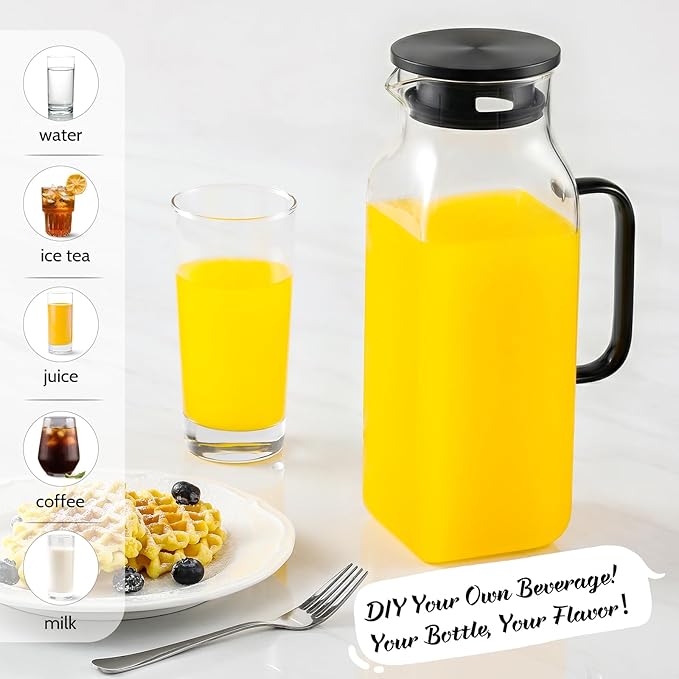 2 Quart (2 Liter 68 oz) Square Glass Pitcher with Lid and Spout, Water Pitchers with Handle for Fridge, Borosilicate Glass Carafe for Hot/Cold Drink, Large Jug for Iced Tea, Coffee, Beverage, Black - Image 3