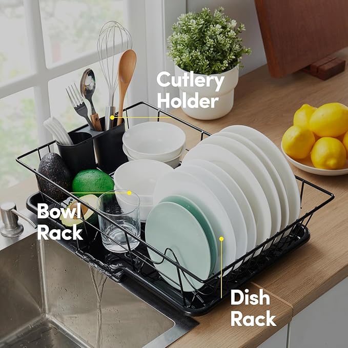 Space-Saving 3-Piece Dish Drainer Rack Set with Cutlery Holder - Maximize Countertop Space, Black - Image 5