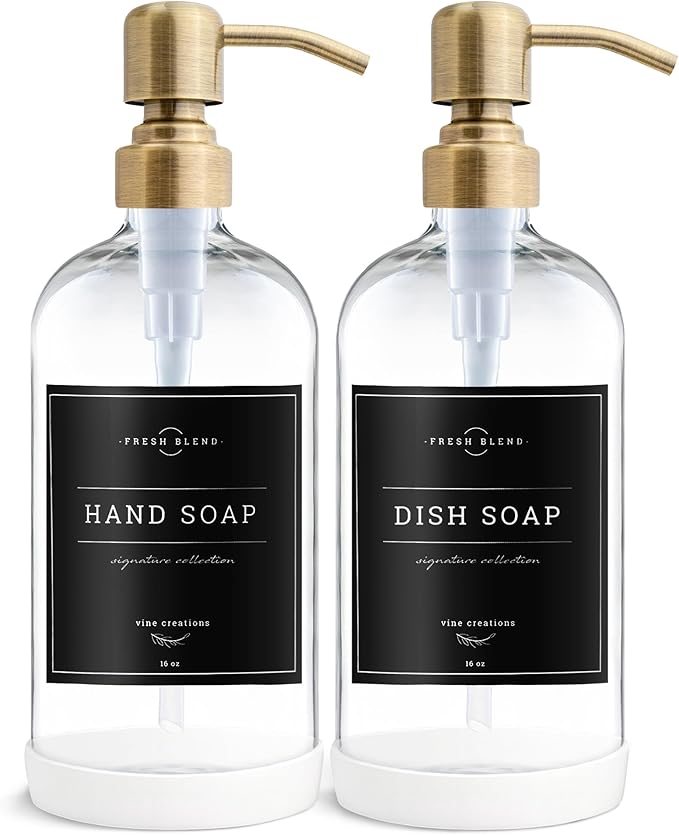 Vine Creations Clear Glass Soap Dispenser, 2 Pack Kitchen Soap Dispenser Set with Stainless Steel Pump, 16 oz Dish Soap and Hand Soap Dispensers for Bathroom with Waterproof Labels - Image 7