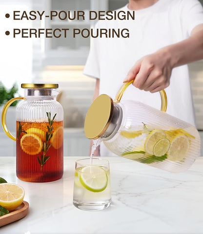 2 PACK Glass Pitcher with Lid 64 oz, Classic Vertical Stripes Pitcher with Lid and Handle, Water Jug for Hot/Cold Drinks, Borosilicate Glass Carafe for Coffee, Iced Sun Tea, Juice, Sangria - Image 2