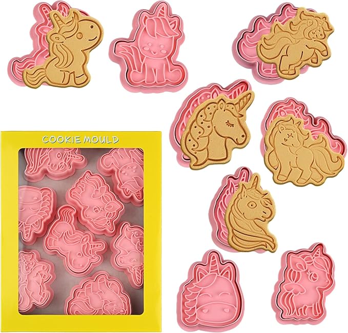 8 Piece Unicorn Cookie Cutter Set With Plunger Stamps - Unicorn Head Embossing Stamps For Biscuit Fondant Cheese Baking