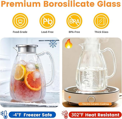 Glass Pitcher with Lid and Handle, 2.2L (74 oz) Borosilicate Glass Water Carafe, Stainless Steel Dual-Filter Lid, Heat Resistant for Hot/Cold Beverages – Iced Tea, Coffee, Juice, Cold Brew - Image 3