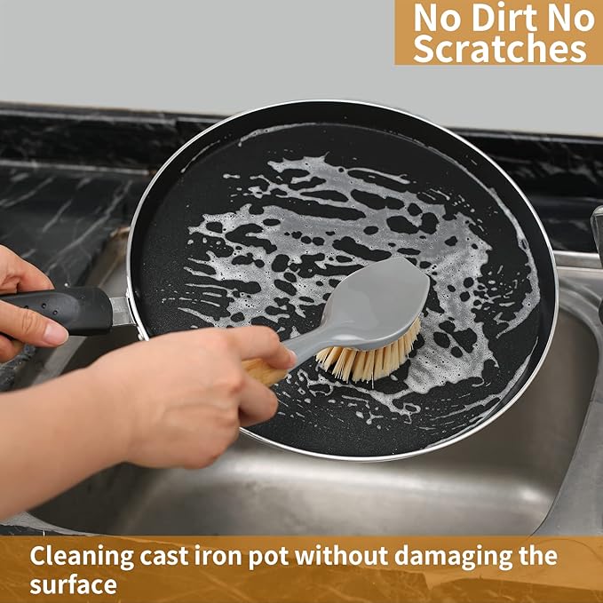 2 Pack Kitchen Dish Brush Bamboo Handle Dish Scrubber Built-in Scraper, Scrub Brush for Pans, Pots, Kitchen Sink Cleaning, Dishwashing and Cleaning Brushes are Perfect Cleaning Tools, Color-Gray - Image 7
