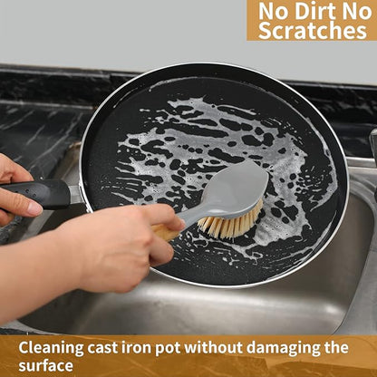 2 Pack Kitchen Dish Brush Bamboo Handle Dish Scrubber Built-in Scraper, Scrub Brush for Pans, Pots, Kitchen Sink Cleaning, Dishwashing and Cleaning Brushes are Perfect Cleaning Tools, Color-Gray - Image 7