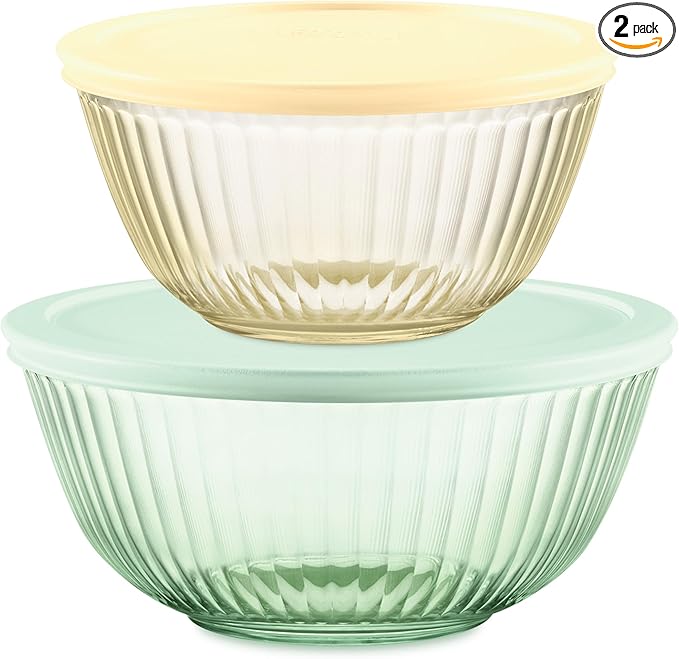Pyrex Colors (2-Pack) Sculpted Tinted Small/Medium Glass Mixing Bowls With Plastic Lids, Nesting Space Saving Set of Bowls For Prepping and Baking, 1.3QT & 2.3QT by Pyrex