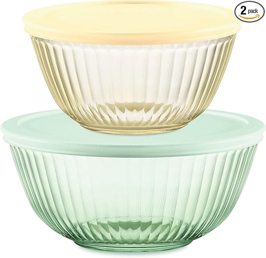 Pyrex Colors (2-Pack) Sculpted Tinted Small/Medium Glass Mixing Bowls With Plastic Lids, Nesting Space Saving Set of Bowls For Prepping and Baking, 1.3QT & 2.3QT by Pyrex