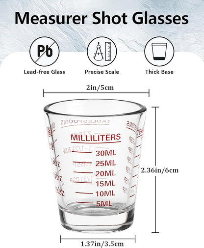 Shot Glasses Measuring Cup Set 2PACK Espresso Shot Glasses Liquid Heavy Glass 26-Incremental Measurement 1 OZ, 2 TBS, 6 TSP, 30 ML Kitchen Tools (RED&Black)