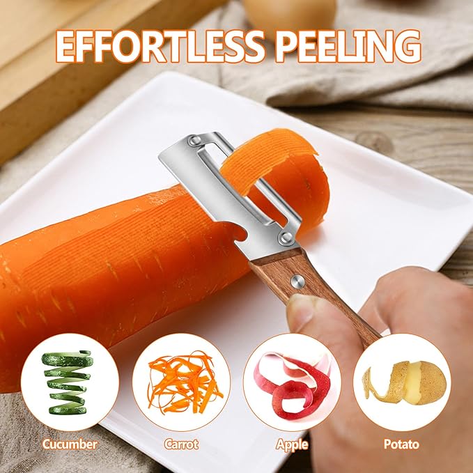 Zero Snag Wooden Peeler, Multifunctional Vegetable Peeler for Kitchen, Premium Vegetable Peeler with Wooden Handle and Bottle Opener, Peeler for Fruit Apple Potato Pumpkin Papaya Zucchini