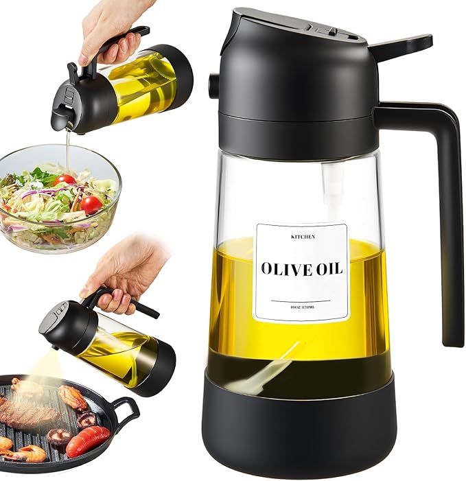 PARACITY Oil Dipenser Bottle with Silicone Bottom, 2 in 1 Olive Oil Sprayer and Dispenser, Oil Spray Bottle 470ML/ 16OZ for Cooking, Kitchen, BBQ, Air Fryer, Salad, Baking(1PC Black) by PARACITY