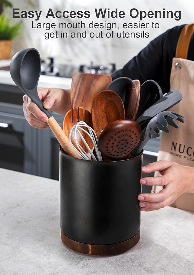Nucookery 360°Rotating Utensil Holder, 7.2" Large Utensil Crock, White Ceramic Cooking Utensil Organizer,Farmhouse Kitchen Decor Christmas Thanksgiving Gift (Stone Black) - Image 3