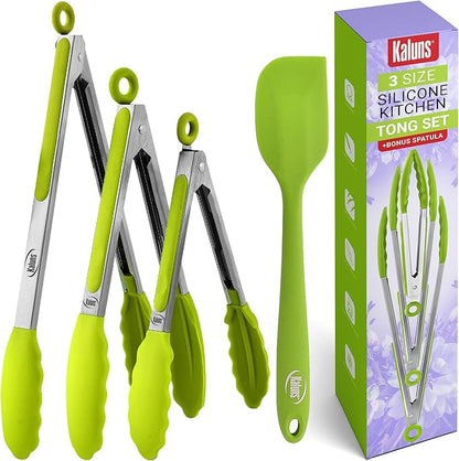 Kaluns Kitchen Tongs for Cooking Grilling Set of 4, BBQ Grill Tongs With Silicone Tip Stainless Steel Heat Resistant, Non-stick Pull Lock, Incl 7, 9, 12 Inch Tong Plus a Silicone Spatula by Kaluns%C2%AE