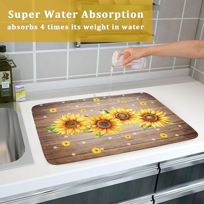 Summer Sunflower Bee Dish Drying Mat for Kitchen Counter,Rustic Yellow Flowers White Polka Dots Drying Mat 18 x 24 Inch with Absorbent Reversible Microfiber Drying Pad for Coffee Bar - Image 7