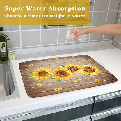 Summer Sunflower Bee Dish Drying Mat for Kitchen Counter,Rustic Yellow Flowers White Polka Dots Drying Mat 18 x 24 Inch with Absorbent Reversible Microfiber Drying Pad for Coffee Bar - Image 7