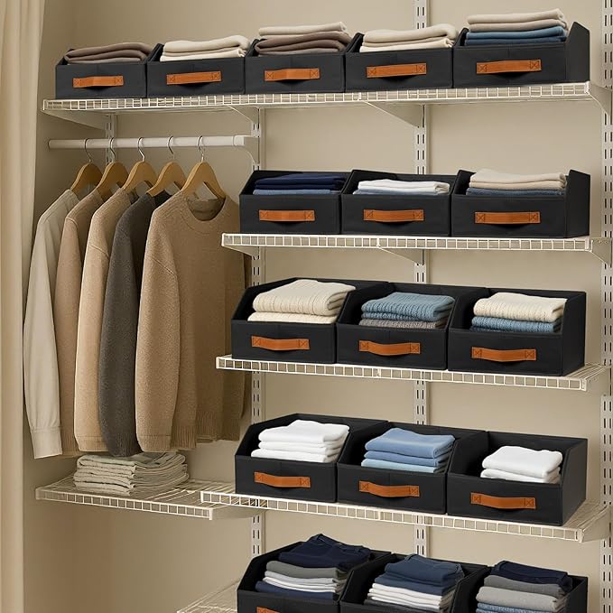 Homsorout Fabric Storage Bins for Organizing - 12 Pack Large Trapezoid Collapsible Storage Bins with Front Handle, Closet Organizers and Storage for Bedroom, Home Shelves, Small Spaces, Black - Image 6