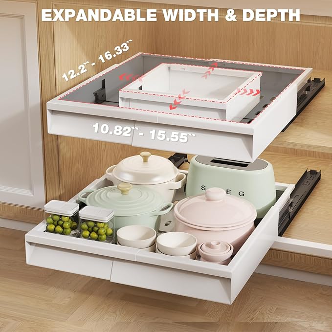 Seinloes 2 Pack Pull Out Cabinet Organizer With Raising Pad for Framed Cabinets,Expandable Width (11"-16") and Depth (13"-17"),3 Slide Rails Slide Out Drawers with Handle,No-Drill Roll Out Shelf,White - Image 2