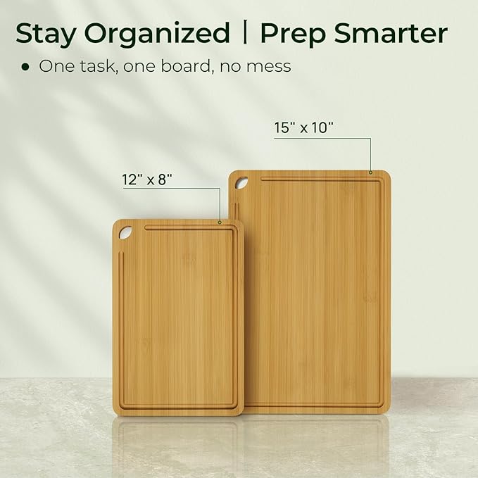 Keechee Chopping Board 2-Pcs Natural Bamboo Cutting Board With Juice Channels & Knife-Friendly Finish For Versatile Kitchen Use, Ideal Charcuterie & Chopping Multi-Use - Image 4