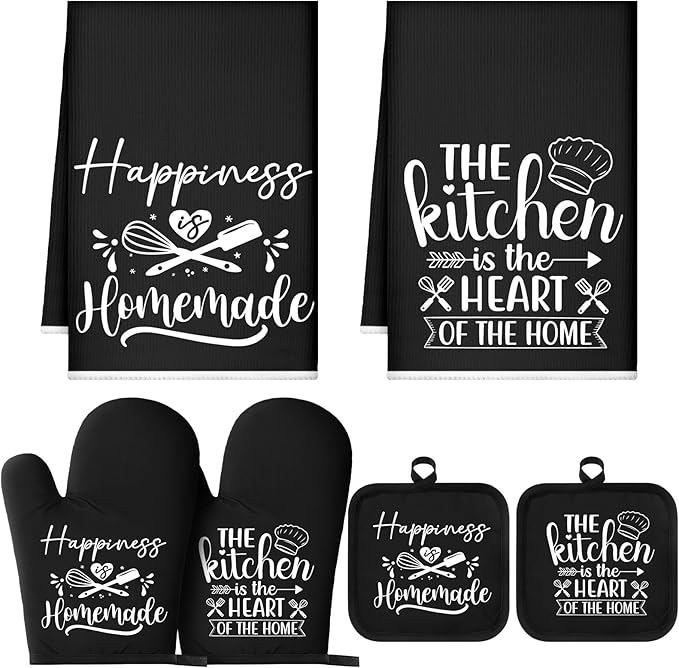 Sratte 6 Pcs Kitchen Decor Accessories Set Farmhouse Towels Pot Holders Oven Mitts Set 2 Dish Towels 2 Potholders 2 Cooking Mittens Oven Glove for Christmas Baking Cooking Supply(Black,Kitchen) by Sratte