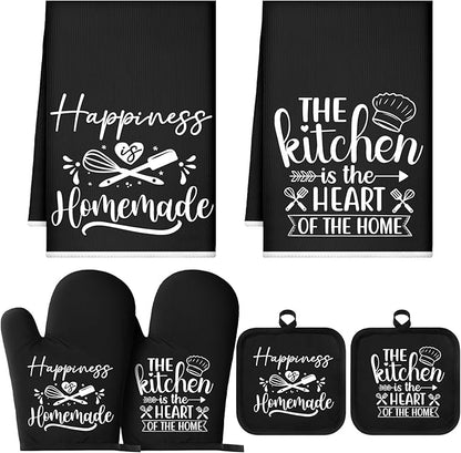 Sratte 6 Pcs Kitchen Decor Accessories Set Farmhouse Towels Pot Holders Oven Mitts Set 2 Dish Towels 2 Potholders 2 Cooking Mittens Oven Glove for Christmas Baking Cooking Supply(Black,Kitchen) by Sratte